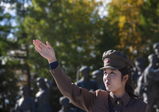 North Korean guide in the Grand monument of lake Samji, Ryanggang, Samjiyon, North Korea