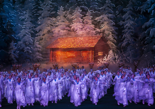 Dancers performing in front of Kim Jong il native house during Arirang, DGC, Pyongyang, North Korea