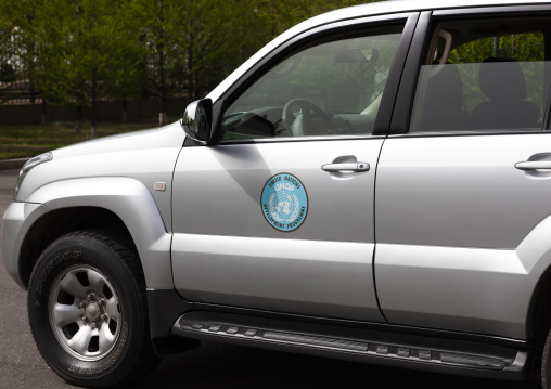 United nations official car in the street, DGC, Pyongyang, North Korea