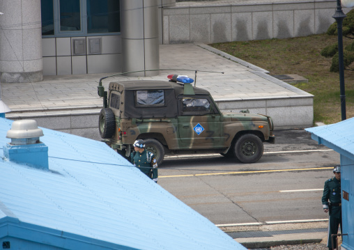 Jeep standing in front of the demarcation line in the DMZ, North Hwanghae, Panmunjom, North Korea