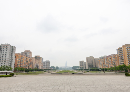 City buildings and pyramid-shaped Ryugyong hotel, DGC, Pyongyang, North Korea