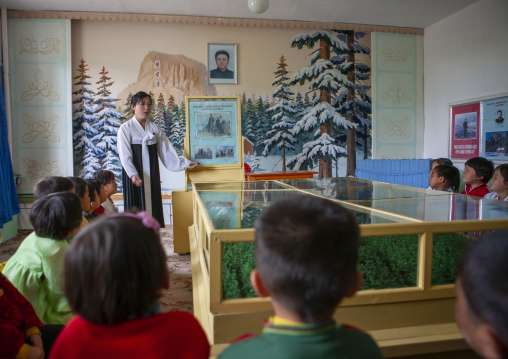 Pupils with a teacher in a classroom, South Pyongan, Chongsan-ri Cooperative Farm, North Korea