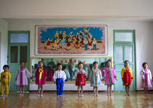 Children singing in a primary school, South Pyongan, Chongsan-ri Cooperative Farm, North Korea