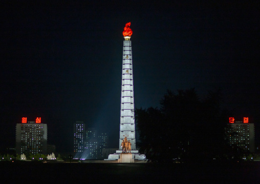 Juche tower at night, DGC, Pyongyang, North Korea