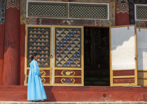 Woman in choson-ot in Pohyon-sa Korean temple, Hyangsan county, Mount Myohyang, North Korea