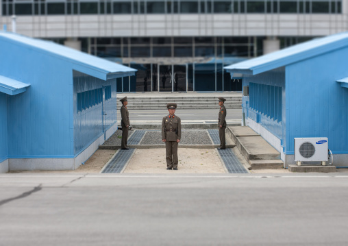 North Korean soldiers on the demarcation line in the DMZ, North Hwanghae, Panmunjom, North Korea