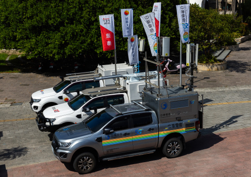 Mobile Telecom antennas on cars, New Taipei, Tamsui, Taiwan