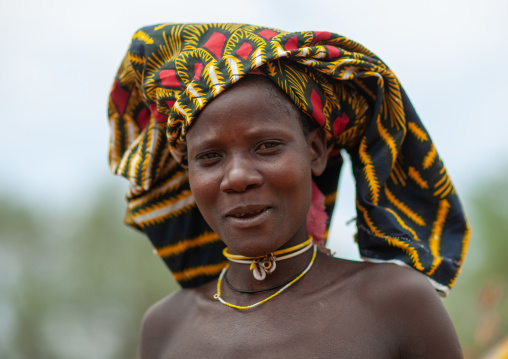 Portrait of a Mucubal tribe women wearing colorful headwears, Namibe Province, Virei, Angola