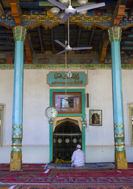 Man Praying Inside Altyn Mosque, Yarkand, Xinjiang Uyghur Autonomous Region, China