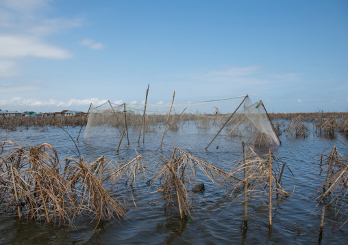 Benin, West Africa, Ganvié, fishermen nets on lake nokoue