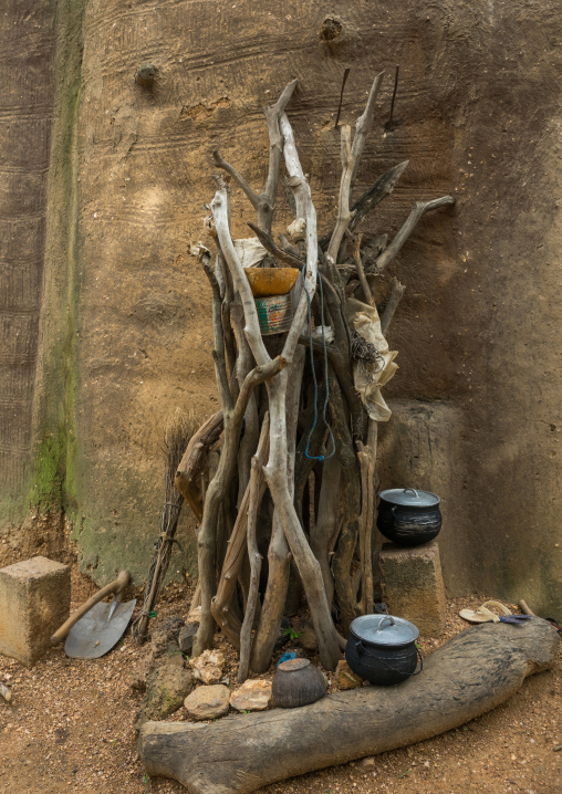 Benin, West Africa, Boukoumbé, fetish items protecting a traditional tata somba house