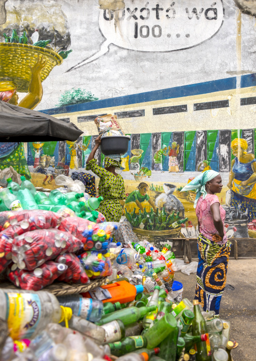 Benin, West Africa, Cotonou, bottles gathered for recycling in dantokpa market