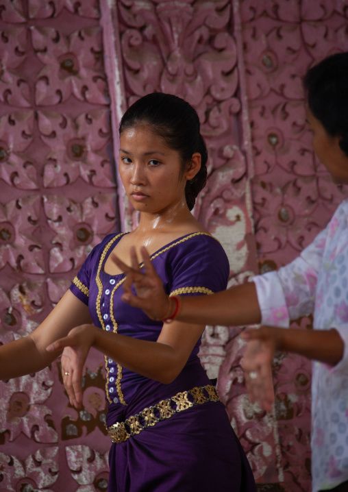 Cambodian dancer with her teacher during a training session of the National ballet, Phnom Penh province, Phnom Penh, Cambodia