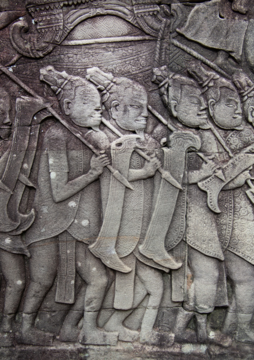 Warlike bas-relief on the walls, Siem Reap Province, Angkor, Cambodia