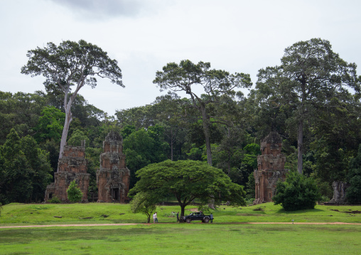 Tourists car parked in Angkor wat, Siem Reap Province, Angkor, Cambodia