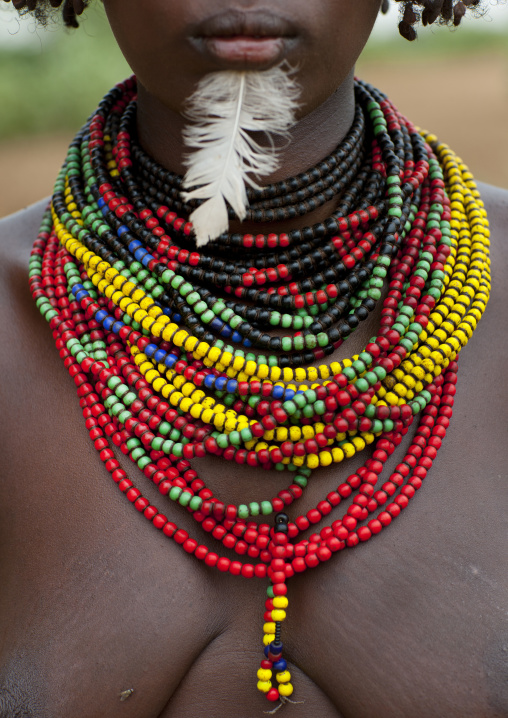 Dassanech Woman With Beaded Necklaces And Feather Omo Valley Ethiopia