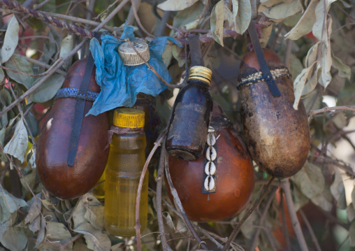 Oil And Butter Conserved In Jars And Bottles Hung In A House For The Gadaaa Ceremony, Karrayyu Tribe, Metahara, Ethiopia