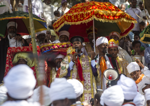 Priests Carrying Some Covered Tabots On Their Heads During Timkat Epiphany Festival, Lalibela, Ethiopia