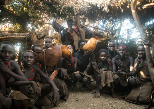 Circumcised boys from the dassanech tribe staying together until they are healed, Omo valley, Omorate, Ethiopia
