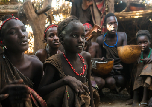 Circumcised boys from the dassanech tribe staying together until they are healed, Omo valley, Omorate, Ethiopia