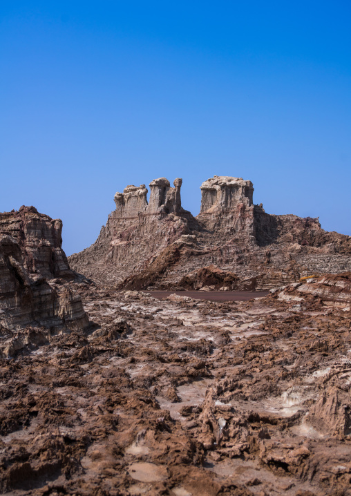 Salt canyons made of layers of halite and gypsum in the danakil depression, Afar region, Dallol, Ethiopia