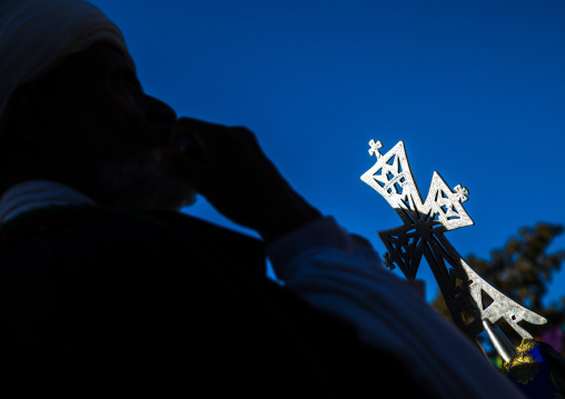 Ethiopian orthodox priest procession celebrating the colorful Timkat epiphany festival, Amhara region, Lalibela, Ethiopia
