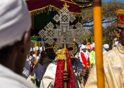 Ethiopian orthodox priests with crosses celebrating the colorful Timkat epiphany festival, Amhara region, Lalibela, Ethiopia