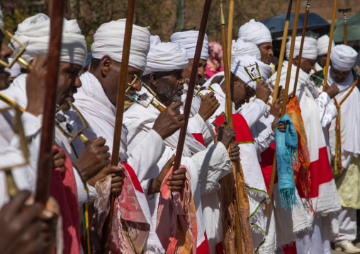 Ethiopian orthodox priests in line celebrating the colorful Timkat epiphany festival, Amhara region, Lalibela, Ethiopia