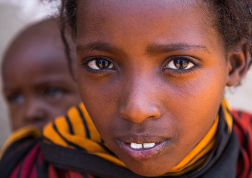 Portrait of a Borana tribe girl carrying her brother on her back, Oromia, Yabelo, Ethiopia