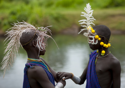 Surma Boys Wearing Fruit And Herb Ornaments, Kibbish Village, Omo Valley, Ethiopia