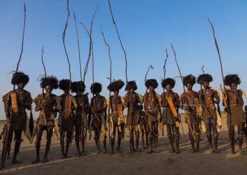 Dassanech men with leopard skins and ostrich feathers wigs during Dimi ceremony to celebrate circumcision of teenagers, Turkana County, Omorate, Ethiopia