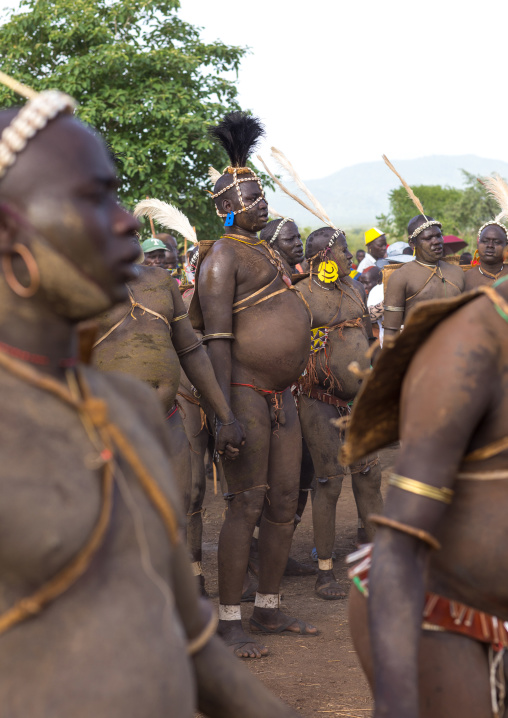 Bodi tribe fat men during Kael ceremony, Omo valley, Hana Mursi, Ethiopia