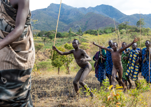 Suri tribe warriors during a donga stick fighting ritual, Omo valley, Kibish, Ethiopia