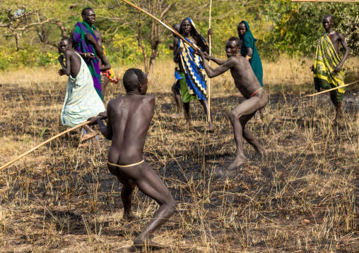 Suri tribe warriors fighting during a donga stick ritual, Omo valley, Kibish, Ethiopia