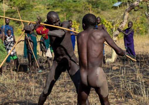 Suri tribe warriors fighting during a donga stick ritual, Omo valley, Kibish, Ethiopia
