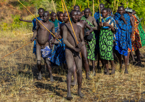 Suri tribe warriors parading before a donga stick fighting ritual, Omo valley, Kibish, Ethiopia