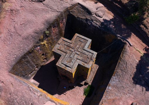 Aerial view of the monolithic rock-cut church of bete giyorgis, Amhara Region, Lalibela, Ethiopia