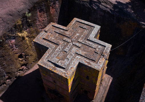 Aerial view of the monolithic rock-cut church of bete giyorgis, Amhara Region, Lalibela, Ethiopia