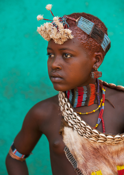 Young Hamer Tribe Girl With Colourful Decorations, Turmi, Omo Valley, Ethiopia
