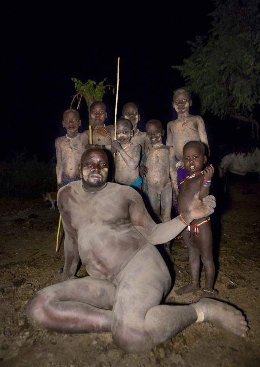 Bodi Tribe Fat Man With His Family, Hana Mursi, Omo Valley, Ethiopia