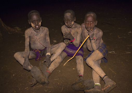 Bodi Tribe Children During Night Ceremony Of The Kael, Hana Mursi, Omo Valley, Ethiopia