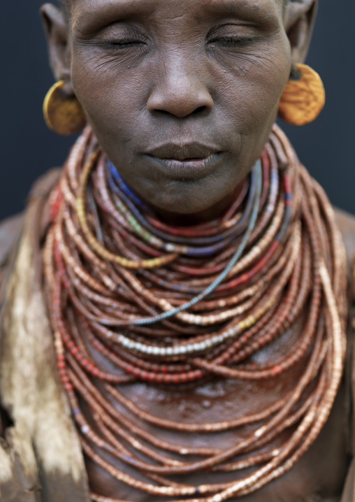 Closed Eyes Karo Woman Portrait With Beaded Necklaces Ethiopia