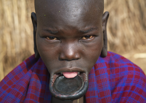 Black Clay Disc Shaved Head Mursi Teenage Girl Ethiopia