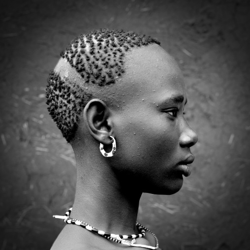 Black And White Profile Portrait Of Miss Bichai, Young Bodi Tribe Woman With Traditional Hairstyle, Hana Mursi, Omo Valley, Ethiopia