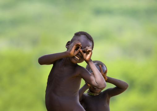 Karo Tribe Kids Imitating Photographer, Karo Tribe, Korcho Village, Omo Valley, Ethiopia