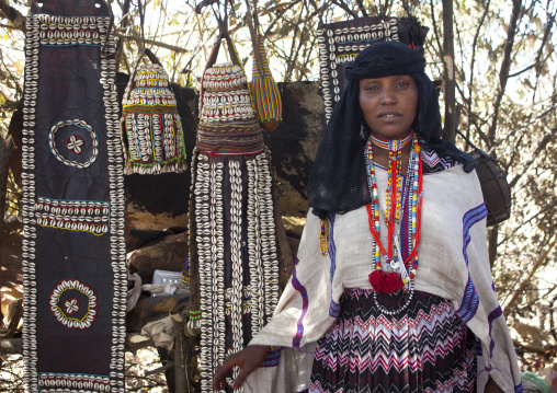 Karrayyu Tribe Woman Standing In The House Built For The Gadaaa Ceremony Decorated With Shells, Metehara, Ethiopia