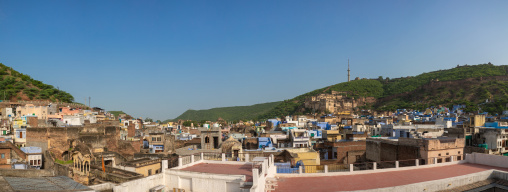 Cityscape with old blue houses brahmins, Rajasthan, Bundi, India