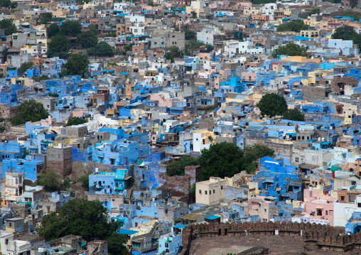 The view from Mehrangarh fort of the blue rooftops, Rajasthan, Jodhpur, India