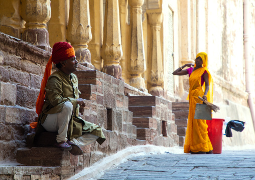 Indian guard with a woman in Mehrangarh fort, Rajasthan, Jodhpur, India