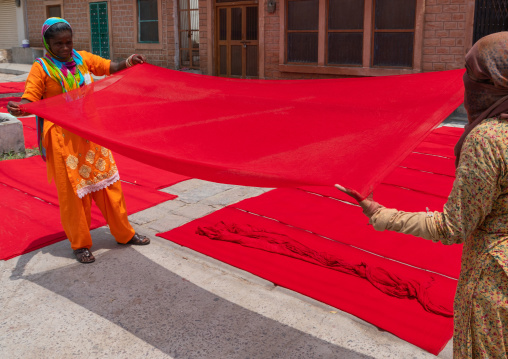 Indian women drying red saris in the street, Rajasthan, Jodhpur, India